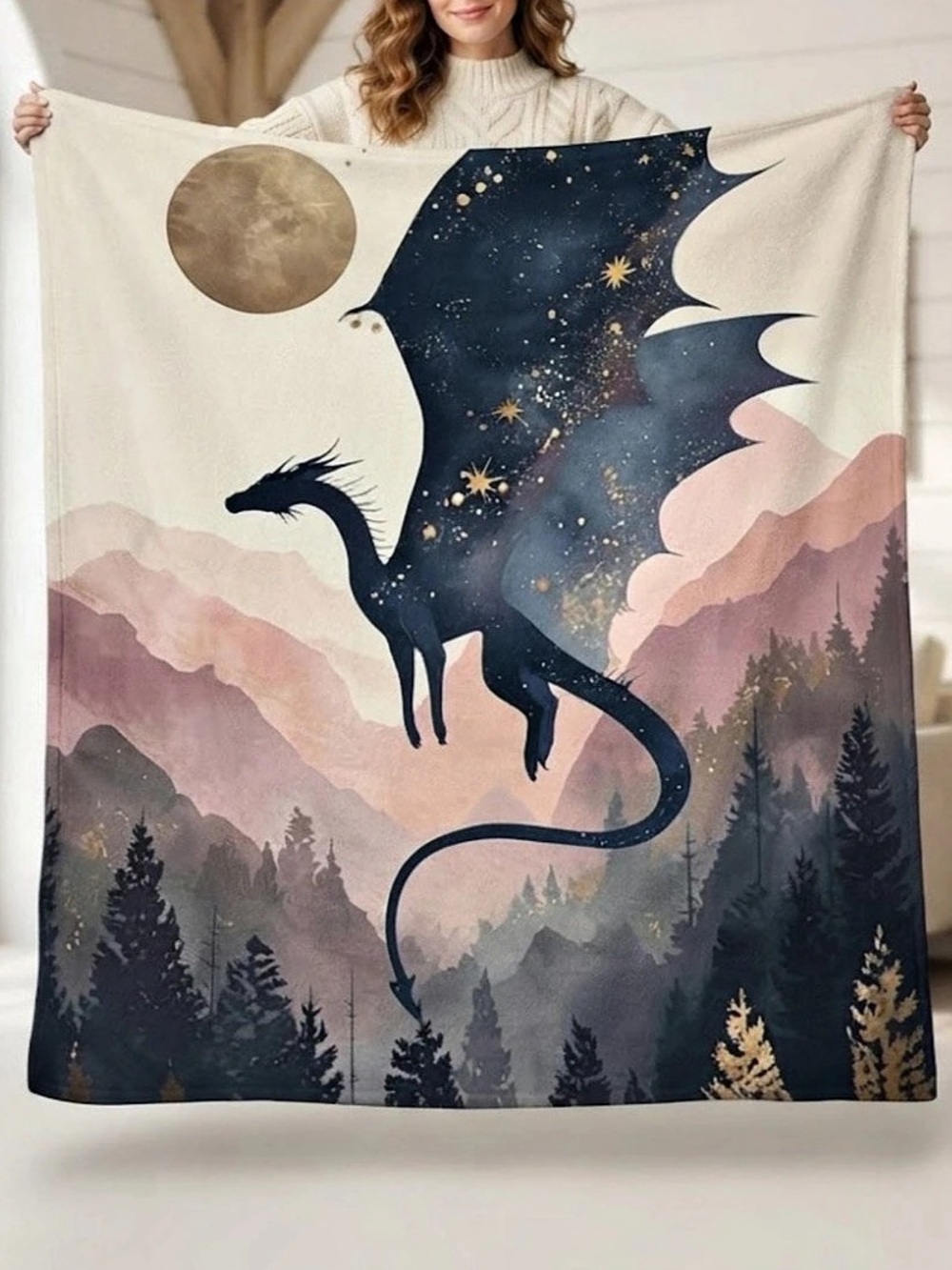 Watercolor Fantasy Dragon Moon Soft Throw Blanket